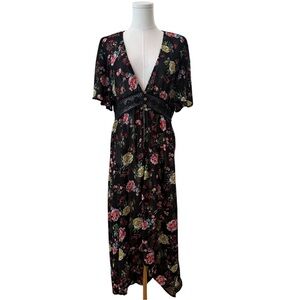 Women's XL Black Floral Chiffon Sheer Hi-Low Crochet Lace Overlay Whimsical Top